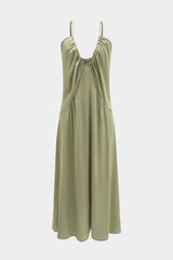 Aiertu - Satin Slip V-Neck Ruched Sleeveless Maxi Dress Aiertu
