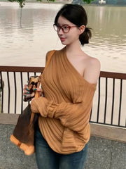 Aiertu - Vintage Loose Knitted Skew Collar T-shirts 2025 Y2k Aesthetic Spring Streetwear Fairy Tops Women Casual Fashion Hole Grunge Tees Aiertu