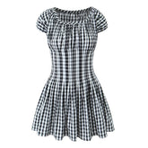 Aiertu - Vintage Women Black White Plaid Dresses Short Sleeve O Neck Slim Waist A-line Mini Casual Summer Dress Aiertu
