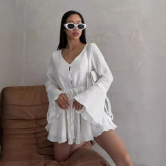 Aiertu - Cotton Pleated Women Jumpsuit with Button V-neck Drawstring High Waist Flared Sleeve Casual Rompers Commuter Strappy Jumpsuit Aiertu