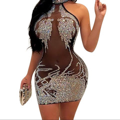 Aiertu Sylph Summer Eveing Dresses Sleeveless New Women Clothes Sexy Tight Mesh Hot Drill Perspective Nightclub Mini Drss Vestidos Aiertu