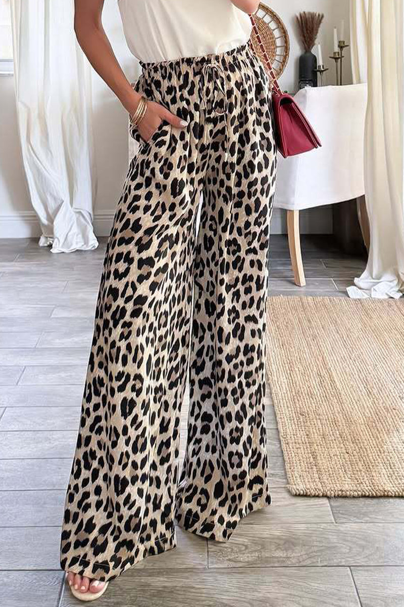 Aiertu -Casual Leopard Pocket Lace Up Loose High Waist Wide Leg Full Print Bottoms aiertu