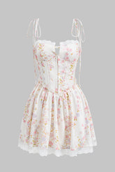 Aiertu -Floral Print Ruched Tie Up Zipper Corset Slip Mini Dress aiertu