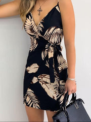 Aiertu Tropical Print V-Neck Wrap Casual Dress Women Sleeveless Summer Holiday Mini Dress Aiertu