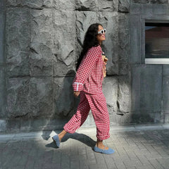Aiertu - Red Plaid Lace Trim Pants Sets Woman Long Sleeve Lace-up Blouse+Elastic Waist Wide Leg Trouser Casual Fashion Home 2 Piece Set Aiertu