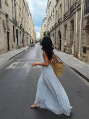 Aiertu - Women Feminine Blue Sling Dress Floor-length Loose Backless Deep V Spaghetti Strap Halter Robe Chic Vacation Leisure Street Gown Aiertu