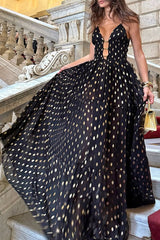 Aiertu -Sexy Polka Dot Contrast V Neck Long Dresses aiertu