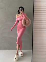 Aiertu Solid Color Slim Off The Shoulder Long Sleeve Dress Aiertu