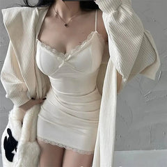 Aiertu Hot Girl Lace Suspender Dress for Women Spring and Summer with Breast Pads Sexy Slim Elegant Low Collar Bottoming Hip Skirt Aiertu