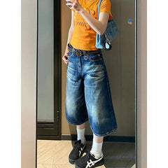 Aiertu Vintage Y2K Wash Whiskers Denim Shorts Women High Waist Distressed Frayed Wide Leg Baggy Jeans Jorts Casual Summer Clothes Aiertu