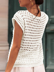 Aiertu - Womens Crochet Sweater Vest Summer Tie Front Cap Sleeve V-Neck Casual Knit Tops Cardigan Lightweight Sweaters Aiertu