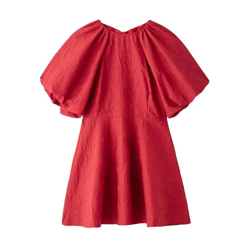 Aiertu - Women Red Puff Short Sleeve Mini Dress for Women Summer O-Neck Back Lace up High Street Evening Party Vestidos Aiertu