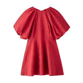 Aiertu - Women Red Puff Short Sleeve Mini Dress for Women Summer O-Neck Back Lace up High Street Evening Party Vestidos Aiertu