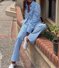 Aiertu - Fashion Loose Stripe Trousers Sets For Women 2 Pieces Elegant Long Sleeve Shirt With High Waist Pants Set Streetwear Aiertu
