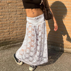 Aiertu - Sexy Lace See-Through Skirt For Women Elastic Waist Bow Jacquard Splice Summer New Solid Color Loose Long Skirt Female Aiertu