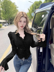 Aiertu - Top Selling French High-end Hollow Lace Shirt with Pure Desire for Style Short Sleeved Small Shirt Top Aiertu