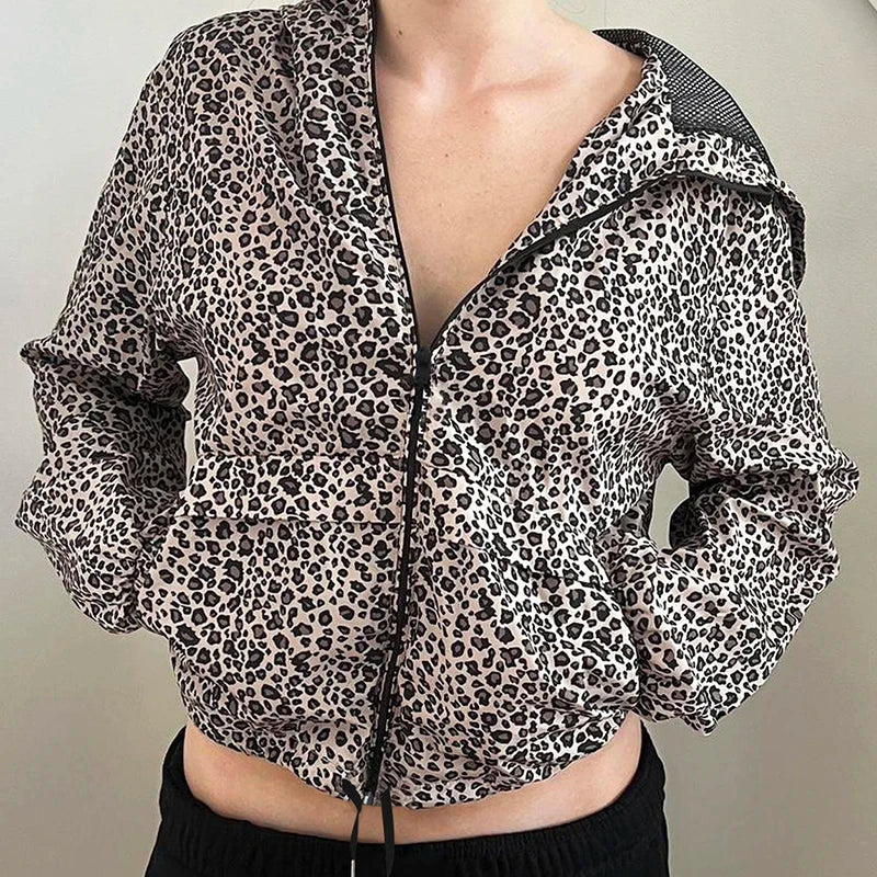 Aiertu - Leopard Print Vintage Hooded Coat Y2K Loose Fit Casual Zipper Coats Grunge Style Women Jacket Autumn Outwear Street Aiertu