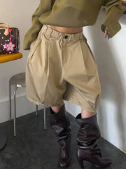 Aiertu - Streetwear y2k Khaki Capris Women Casual Loose Button-up Low Rise Short Pants Korean Fashion Ladies Clothing 90s Vintage Aiertu