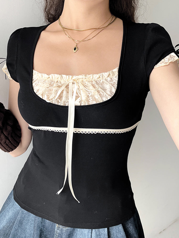 Aiertu - summer inspo Sweet Y2K Contrast Lace Patchwork Square Collar Black T-Shirt Women Short Sleeve Basic Balletcore Cute Summer Tops Aiertu