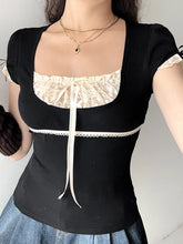Aiertu - summer inspo Sweet Y2K Contrast Lace Patchwork Square Collar Black T-Shirt Women Short Sleeve Basic Balletcore Cute Summer Tops Aiertu