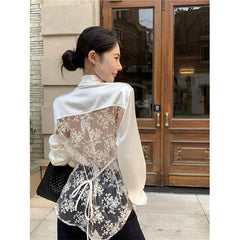 Aiertu Elegant Shirts Women Vintage Sexy Lace Backless Bandage Blouses Summer Korean Hollow Out Long Sleeve Design Casual Tops Aiertu