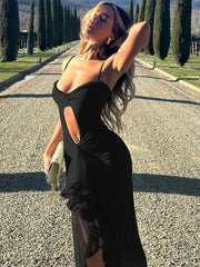 Aiertu - Woman Clothing 2026 Summer Sexy Hollow Out Ruched Mesh Evening Dress Female Sleeveless Irregular Slim Long Party Dresses Pink Aiertu