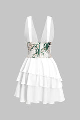 Aiertu Chiffon Ruffle Patchwork Sleeveless V-Neck Asymmetrical Corset Waist Mini Dress Aiertu