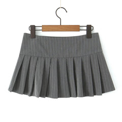 Aiertu - party look snspos Y2K Grey Striped Print Side 3 Buttons Pleated Mini Skirt Sexy Low Waist Short Skater Skirts Aiertu
