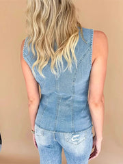 Aiertu - Fashion Denim Tank Women High Street O-neck Sleeveless Single Breasted Slim Female Tanks 2025 Spring Chic Casual Solid Lady Vest Aiertu