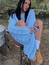 Aiertu - Blue Thickened Twist Knitted Pullover For Women Fashion O-necklong Sleeve Loose Sweater Tops 2026 New High Street Knitwear Aiertu