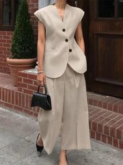 Aiertu - Commute Blazer Suit Women V-neck Sleeveless Single Breasted Tank High Waist Wide Leg Pant Female Set 2025 Early Spring Lady Sets Aiertu