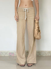 Aiertu -Vintage Drawstring Tie Low-Waist Straight-Leg Pants aiertu