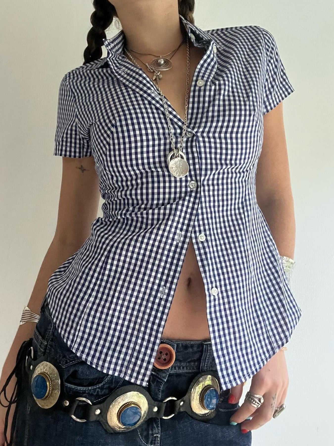 Aiertu - summer inspo Hot American Retro Casual Short Sleeve Plaid Shirts For Women Button Up Turn Down Collar Summer Spring Preppy Tops Aiertu