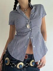 Aiertu - summer inspo Hot American Retro Casual Short Sleeve Plaid Shirts For Women Button Up Turn Down Collar Summer Spring Preppy Tops Aiertu