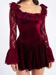 Aiertu - Chic Burgundy Lace Hollow Out Flared Sleeves Dress Fashion Women's Square Collar Backless Patchwork Dresses Lady Party Gown Aiertu