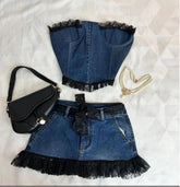 Aiertu - Korean Gothic Sexy Hottie Denim Skirt Suit for Women Harajuku Y2k Style High Street Retro Design Cute Mini Skirt Punk Slim Top Aiertu