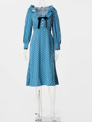 Aiertu - Polk Dot Print Midi Dress 2026 New Long Sleeve U Collar Slim Elegant Bow Decor Ruffle Long Dresses Casual Fashion Long Dress Aiertu