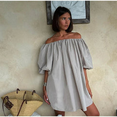 Aiertu - Sexy One Neck off Shoulder Bubble Sleeve Dress, European and American Fashion Short Skirt, Women's Cross-border Aiertu
