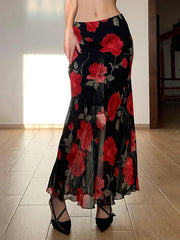 Aiertu -Vintage Floral Print Mesh Layered High-Waist Skirt aiertu