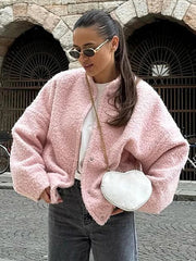 Aiertu - Woman Fashion Loose Pink Warm Coats 2026 Autumn New Casual Oversized Bomber Jacket Girls Vintage Thick Warm Outwear Aiertu