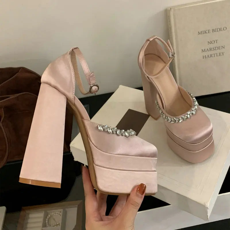Aiertu - Women'S Summer Fashion Waterproof Platform Sandals Square Hollow Thick Heel Bao Head High Satin High Heels Catwalk Pumps Aiertu