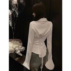 Aiertu Y2K White Blouses Women Sexy Bandage Slim Shirts Office Lady Korean Fashion Black Long Sleeve Waist Tunic Chic Casual Tops Aiertu