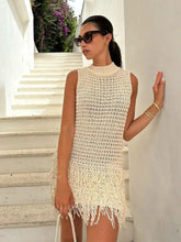 Aiertu - Apricot Hollow Out Knitted Tassel Mini Dress Women Sexy O Neck Sleeveless Slim Short Robe Female Fashion Causal Vacation Vestido Aiertu