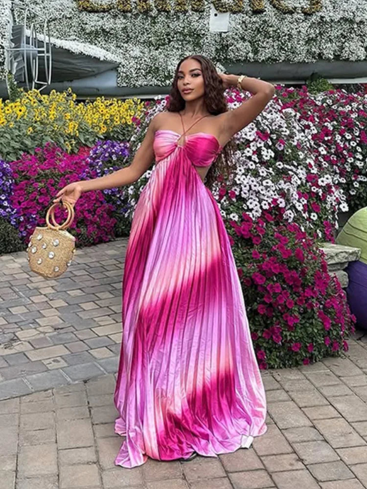 Aiertu - Rainbow Halter Pleated Suspender Large Swing Women Dress Summer Beach Backless Slim Dresses 2025 Summer Vacation Chic Lady Robe Aiertu