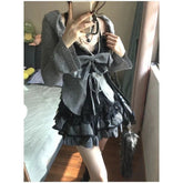 Aiertu new trend inspo Japanese Kawaii Lolita Sweet 3 Piece Set Women Bow Y2k Slim Vest +Casual Cardigan + High Waist Thin Striped Chic Skirt Autumn Aiertu