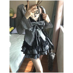Aiertu new trend inspo Japanese Kawaii Lolita Sweet 3 Piece Set Women Bow Y2k Slim Vest +Casual Cardigan + High Waist Thin Striped Chic Skirt Autumn Aiertu