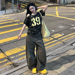 Aiertu - street slanted shoulder t-shirt women's summer new camouflage short-sleeved y2k loose and thin off-the-shoulder machine top Aiertu