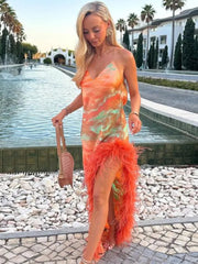 Aiertu - Sexy Print Feather Hem Lace Up Long Sling Dress Elegant Backless Sleeveless Bodycon Dresses 2025 New Lady Beach Party Prom Robes Aiertu
