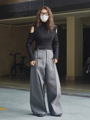 Aiertu - Plus Size Women's Casual Wide Palazzo Pants Cleanfit Solid Pleated Slant Pockets Work Trousers Office Korea Clothes Aiertu