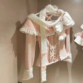 Aiertu - Korean Style Winter Atmospheric Sweet and Cute Bow Slim Two-piece Set for Women Y2k Retro Pink Sexy Trendy Fluffy Pleated Skirt Aiertu